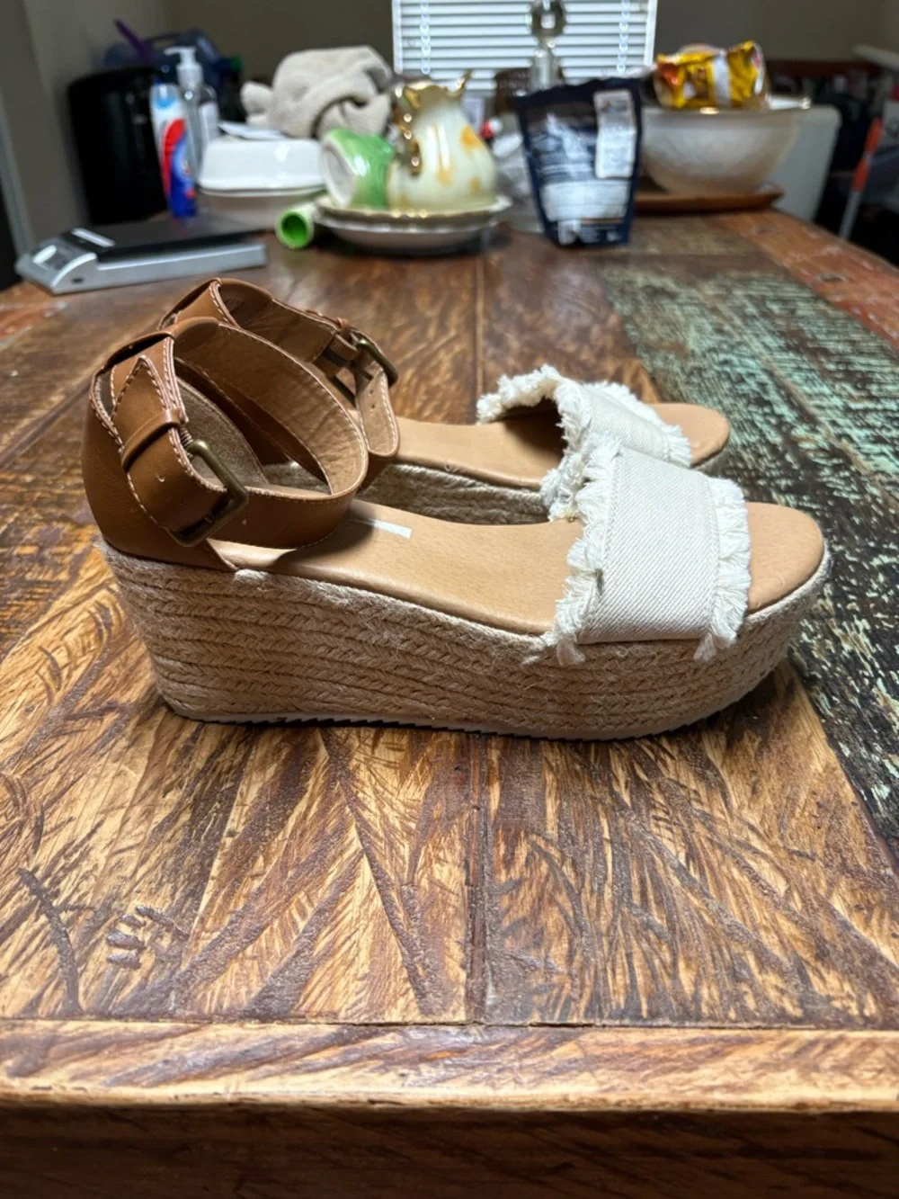 Brash Beige Tessa Canvas Espadrille Wedge Sandals with Brown Ankle Strap Size 7